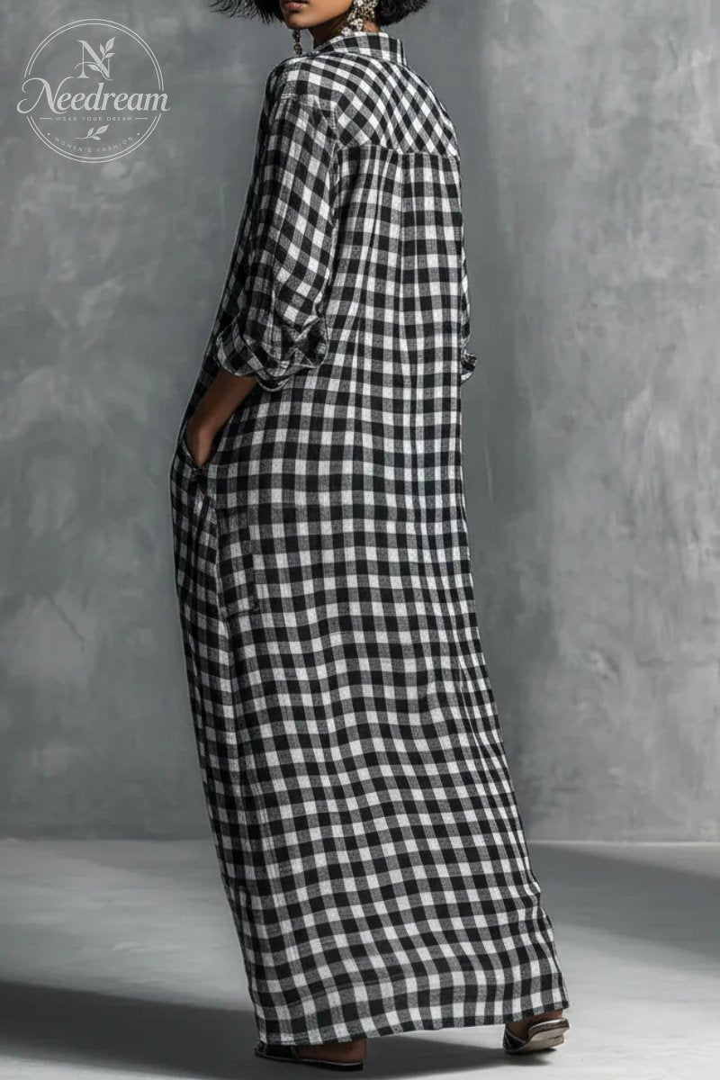 Women's Casual Black And White Checkered Shirt-style Long Dress