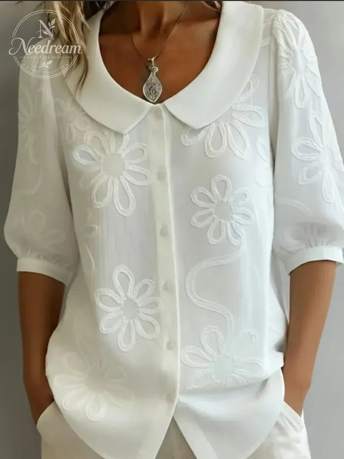 Women's Loose-Fit, Casual, Retro-Style Shirt With Button Details, Floral Embroidery, And Mid-Length Sleeves