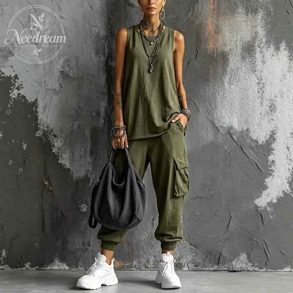 Women's Casual Style Dark Gray Cotton Blend Sleeveless Top + Jogger Cargo Pants Set