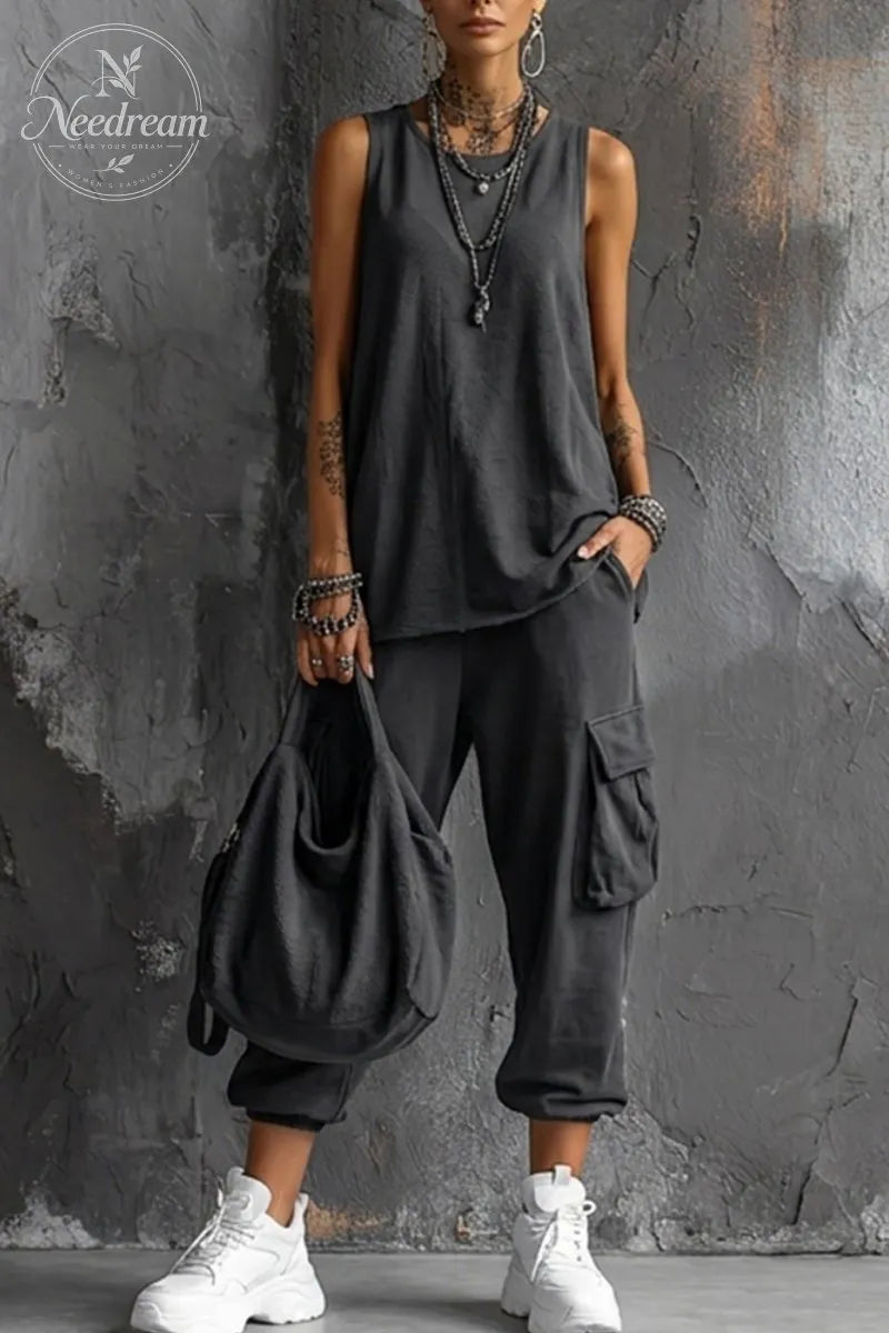 Women's Casual Style Dark Gray Cotton Blend Sleeveless Top + Jogger Cargo Pants Set