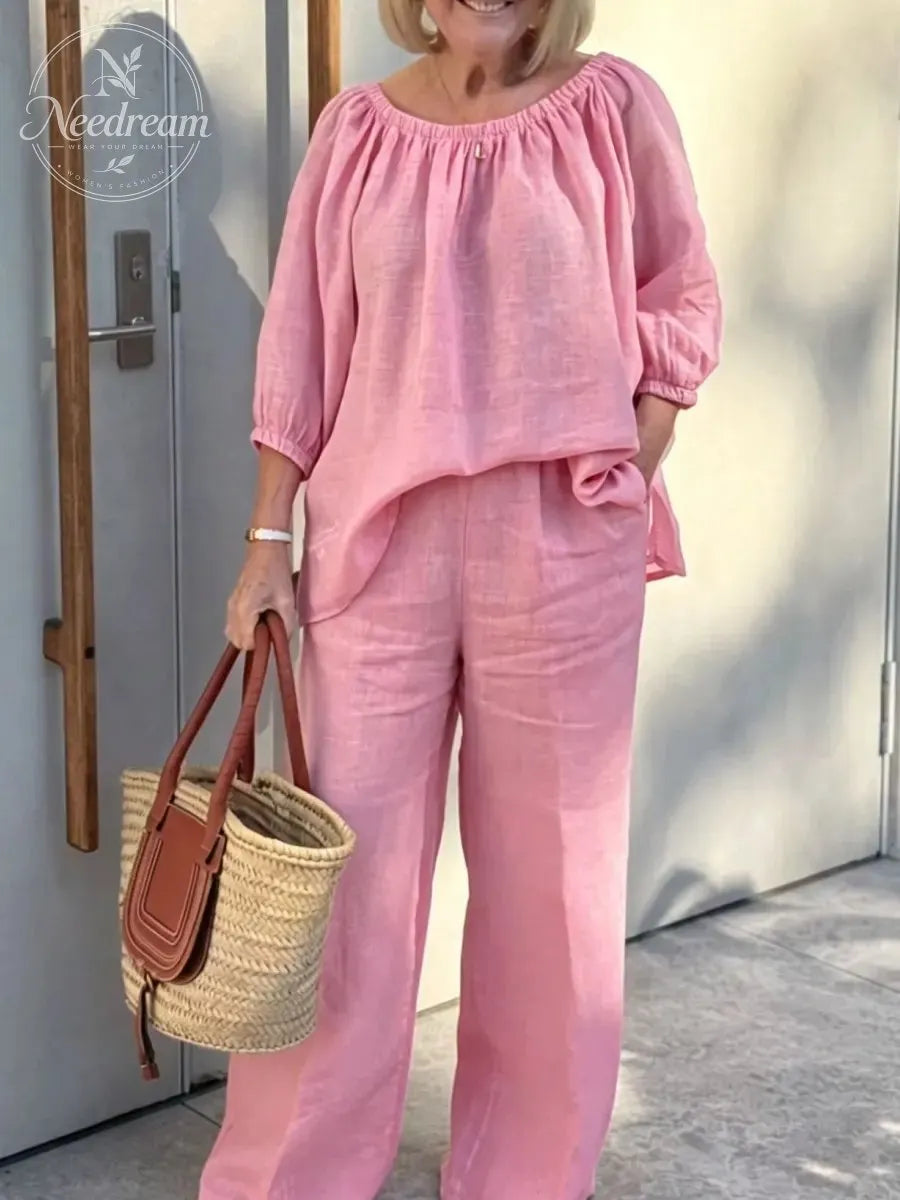Women'S Linen Shirt And Trousers Two-Piece Set