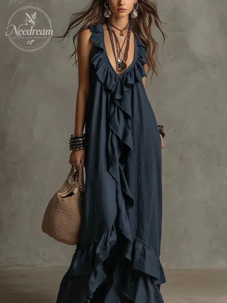 Elegant Bohemian V Neck Ruffle Maxi Dress
