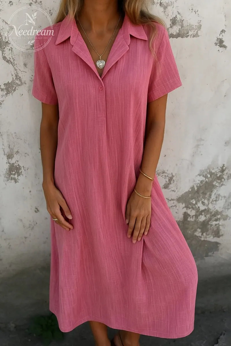 Loose-Fitting Short-Sleeved Cotton And Linen Shirt Dress