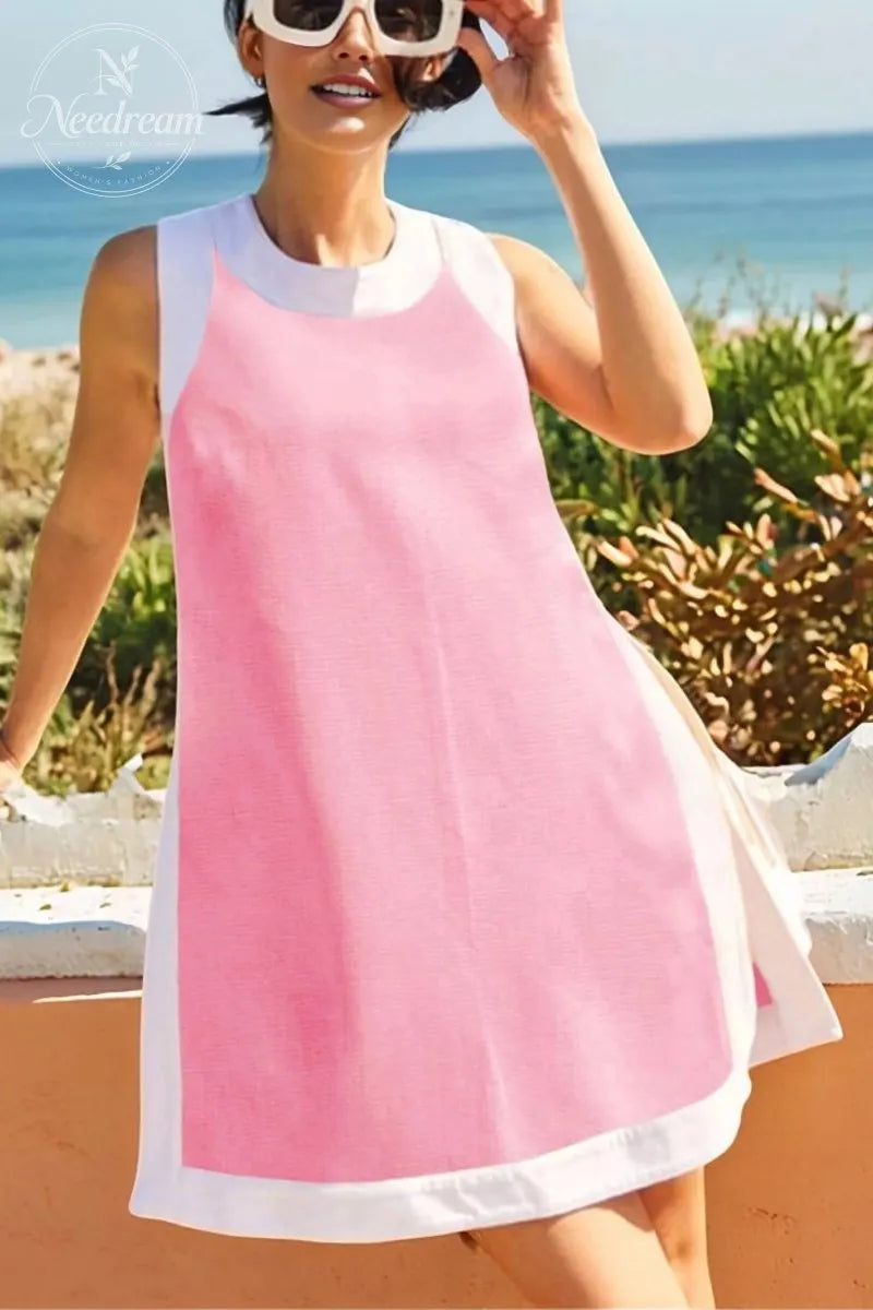 Women's Casual Two Piece Sets Color Block Crewneck Sleeveless Pullover Tops Matching Shorts With Pockets