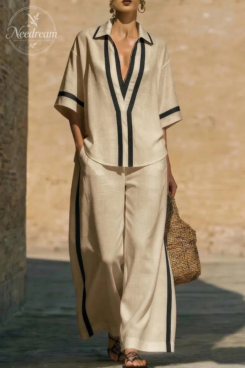 Casual Color-Blocked Short-Sleeved Shirt And Wide-Leg Pants Two-Piece Set