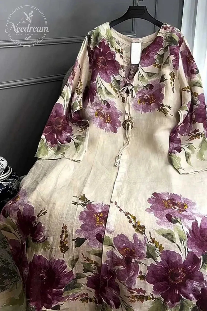 V-neck Long-sleeved Button-decorated Printed Casual Loose Dress