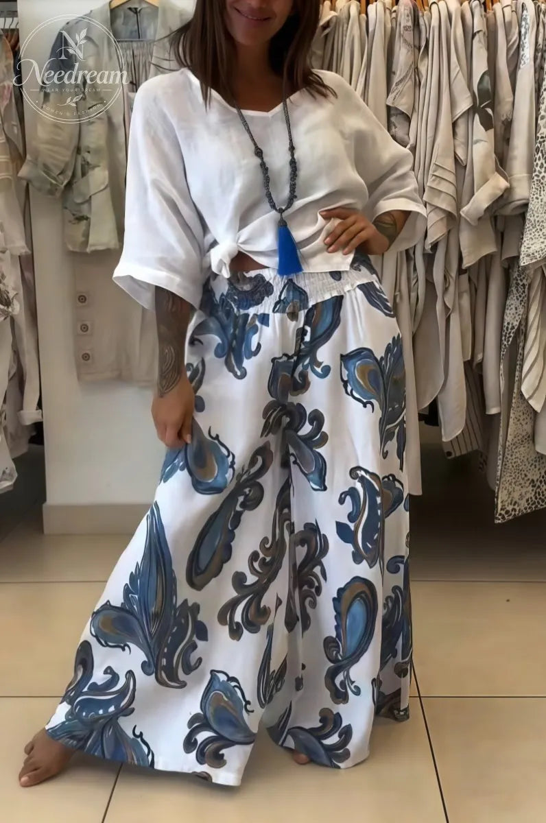 Bulgarian Printed Linen Wide-leg Pants