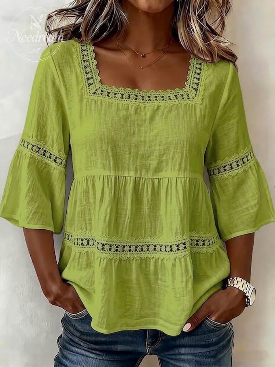 Women'S White Boho Blouse Crochet Lace Trim Bell Sleeve Tiered Flowy Top