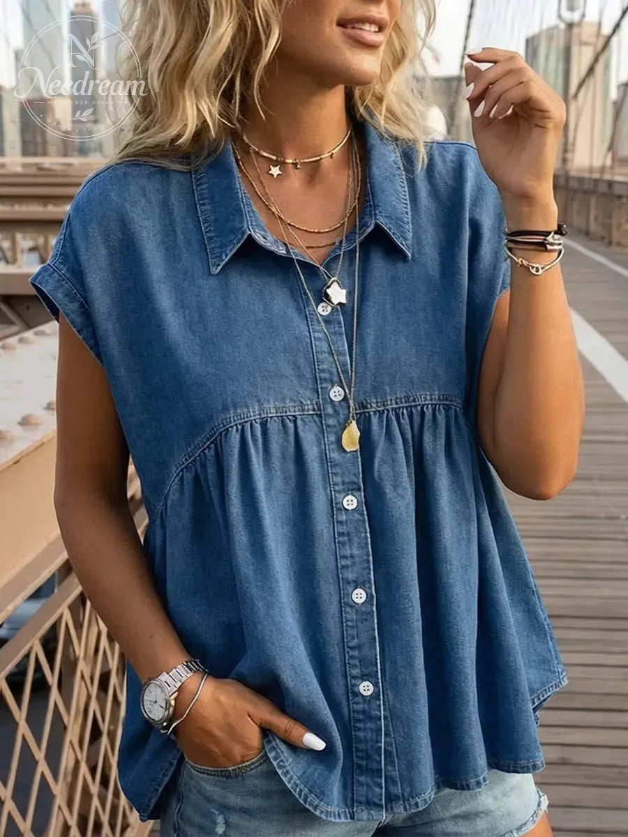 Women's Lapel Short-sleeved Casual Loose Denim Shirt