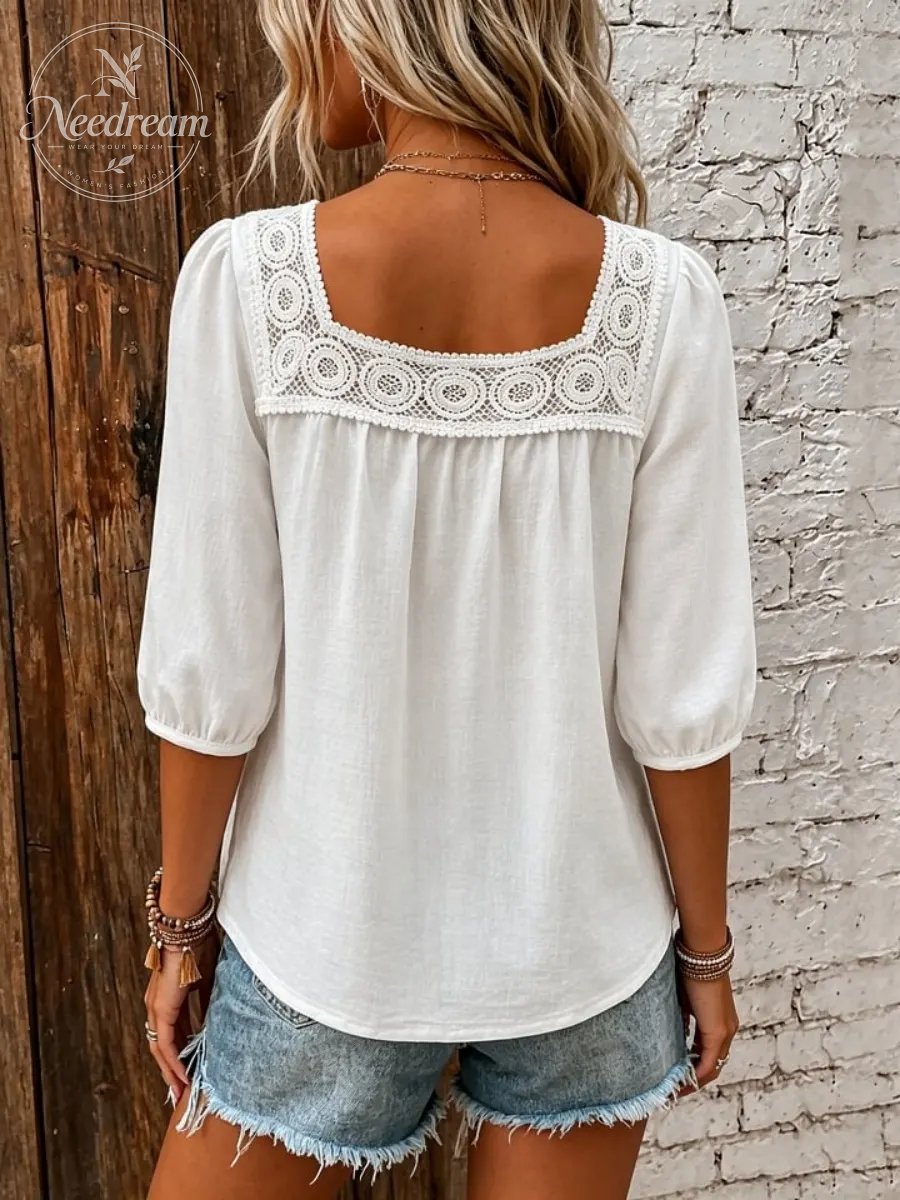 Lace Patchwork Blouse With A Square Neckline