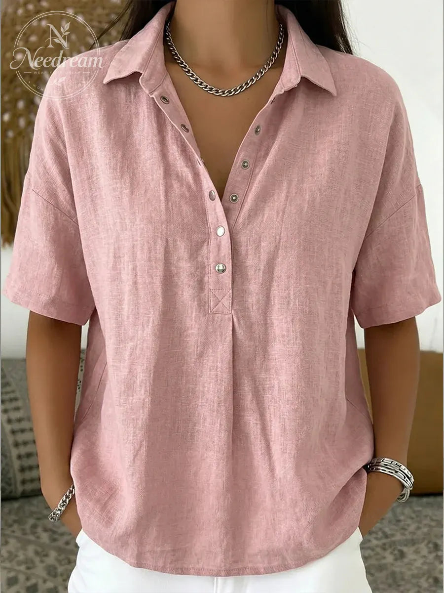 Women’s Cotton Linen Polo Shirt – Casual Short Sleeve Summer Top