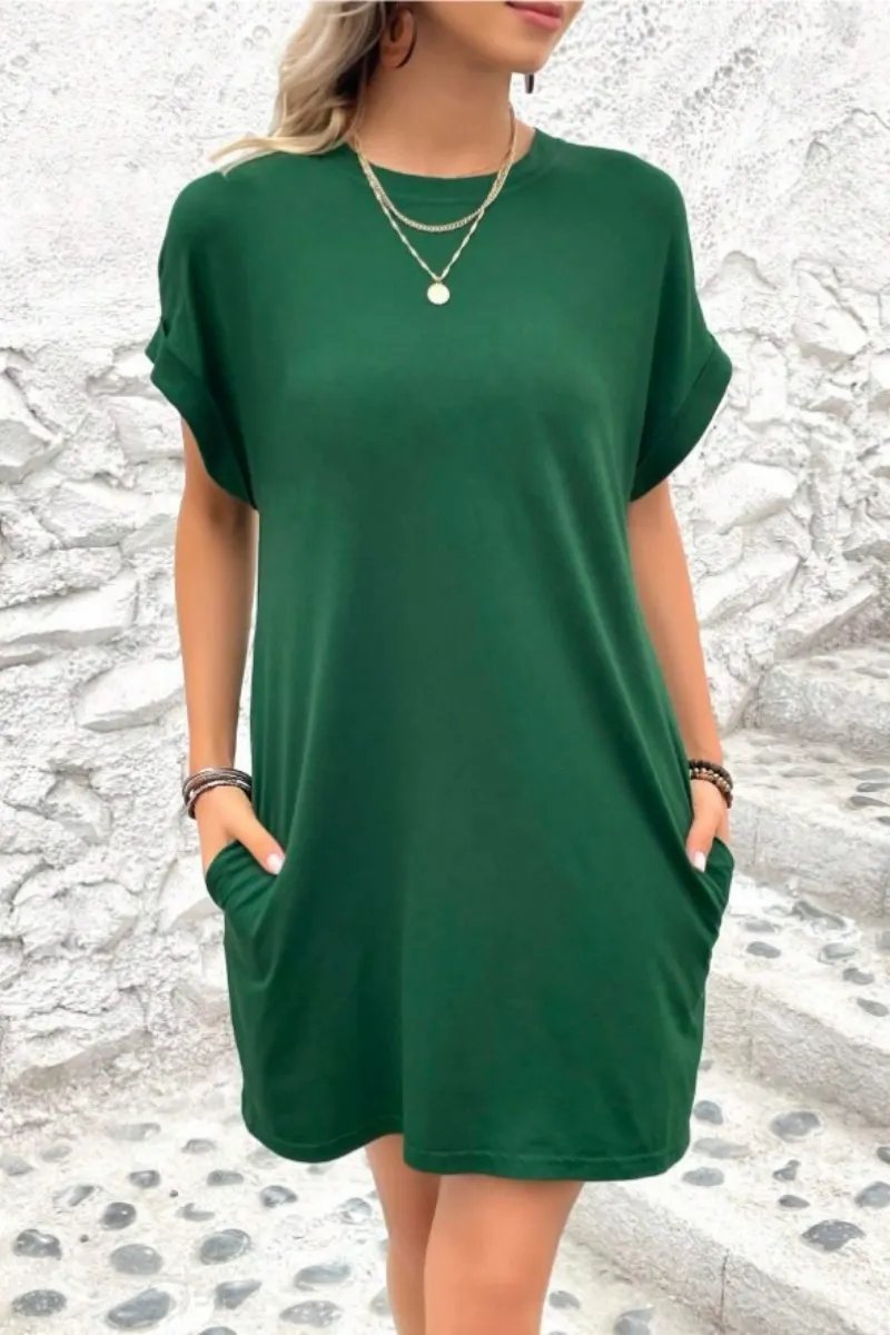 Casual Minimalist Round Neck Roll Up Sleeve Dress