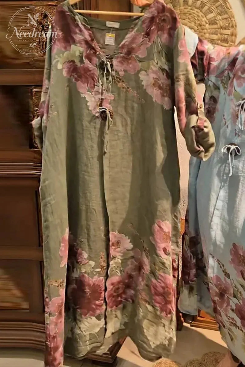 V-neck Long-sleeved Button-decorated Printed Casual Loose Dress