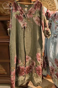 V-neck Long-sleeved Button-decorated Printed Casual Loose Dress