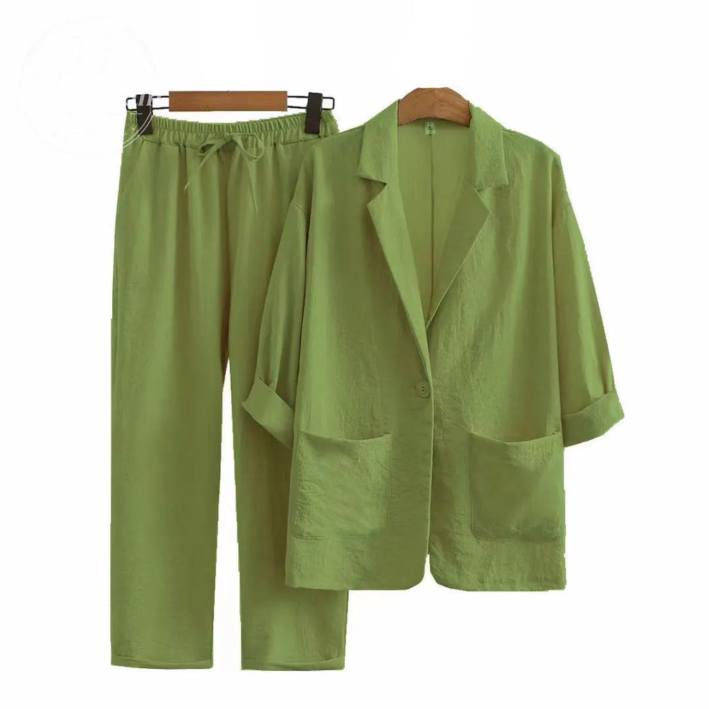 Women'S Commuter Suits Cotton And Linen Jacket Pants Pocket Loose Fashion Casual Suit