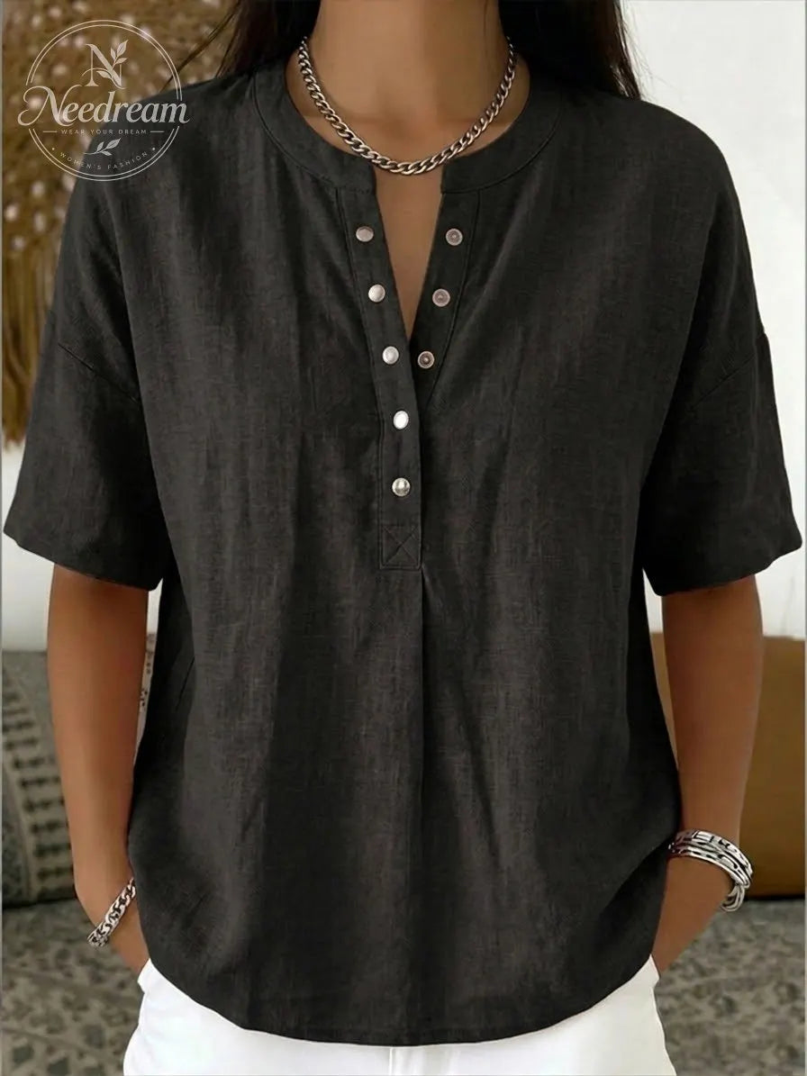 New Arrivals🔥 Women’s Casual Henley Collar Linen And Cotton Short-sleeve Shirt