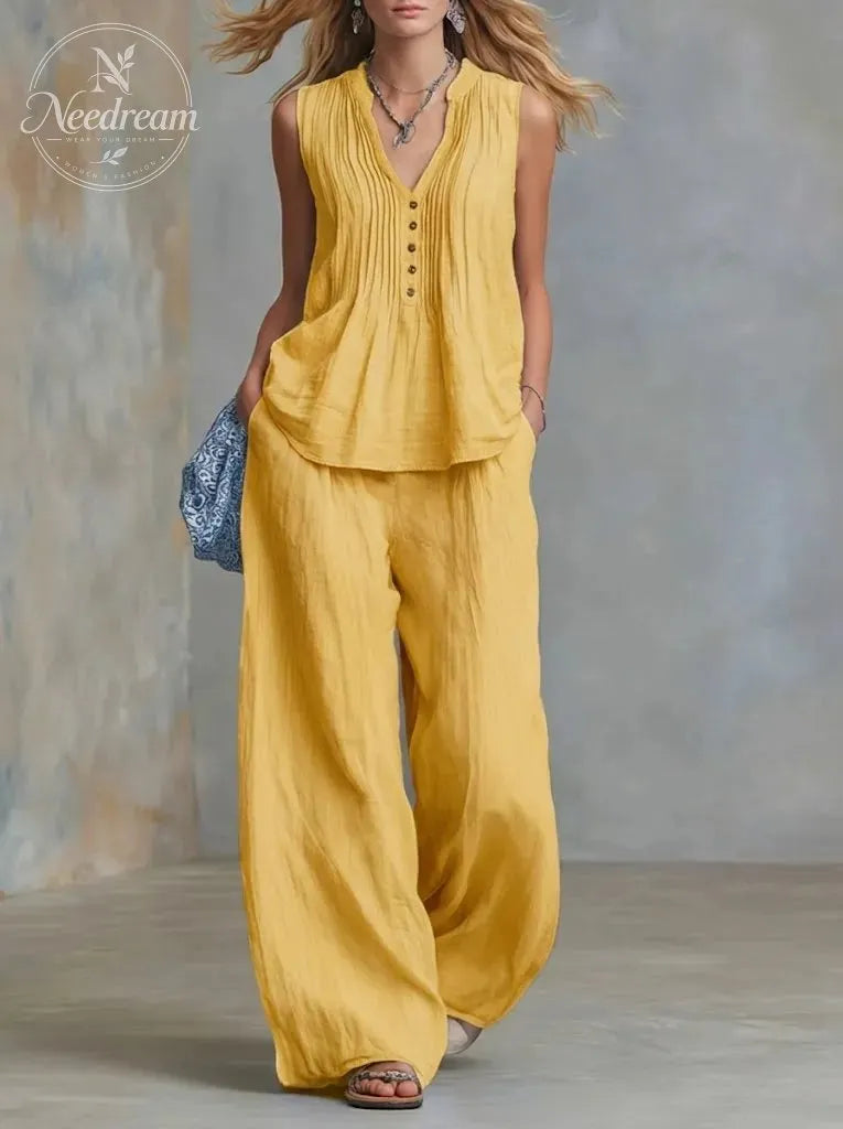 Plus Size Friendly Casual Linen And Cotton Pleated Sleeveless Top And Pants Two-piece Set