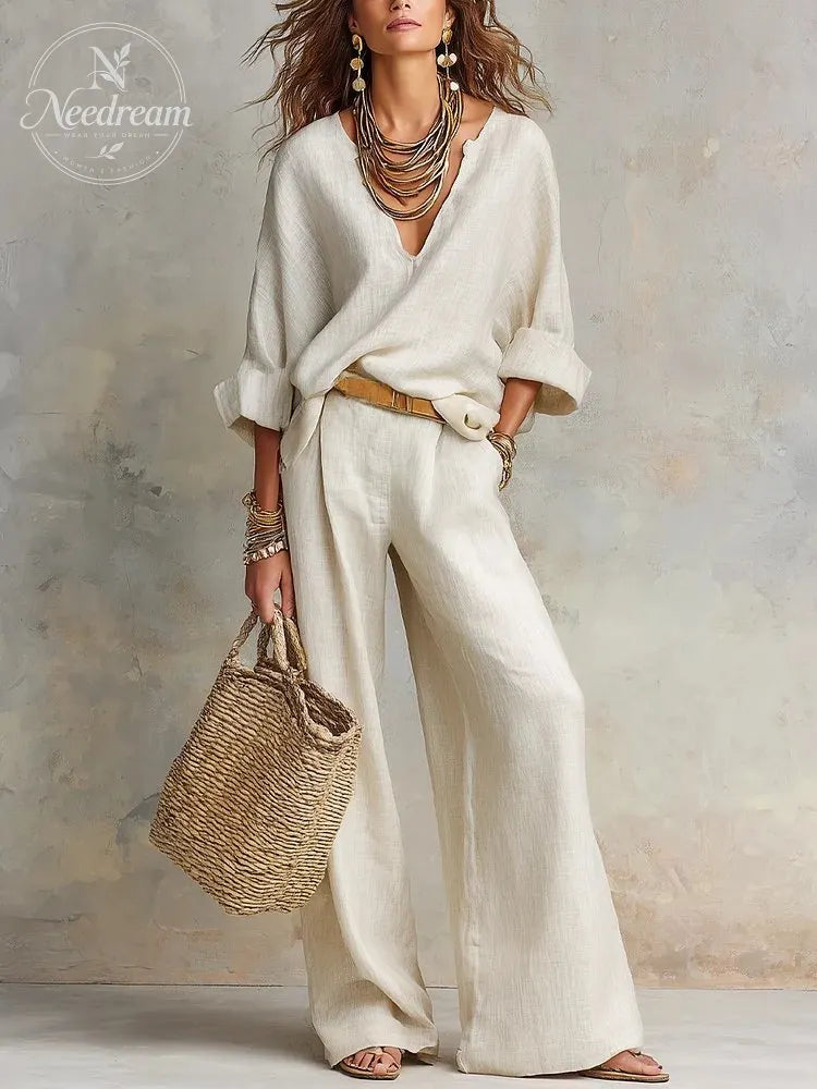 Off White Natural Linen Loose Fitting Resort Wear Set