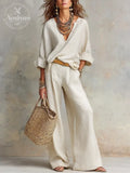 Off White Natural Linen Loose Fitting Resort Wear Set