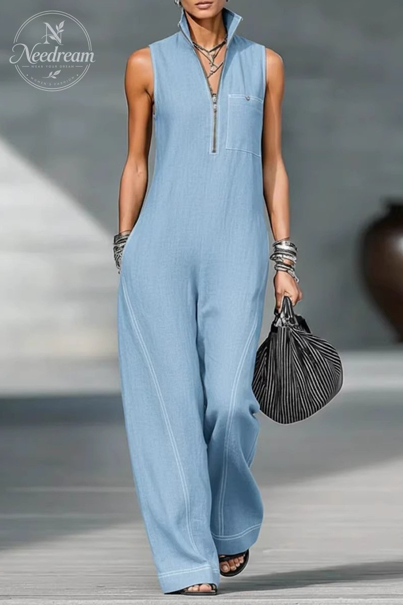 Women's Minimalist Loose-fitting White Trim Sleeveless Jumpsuit