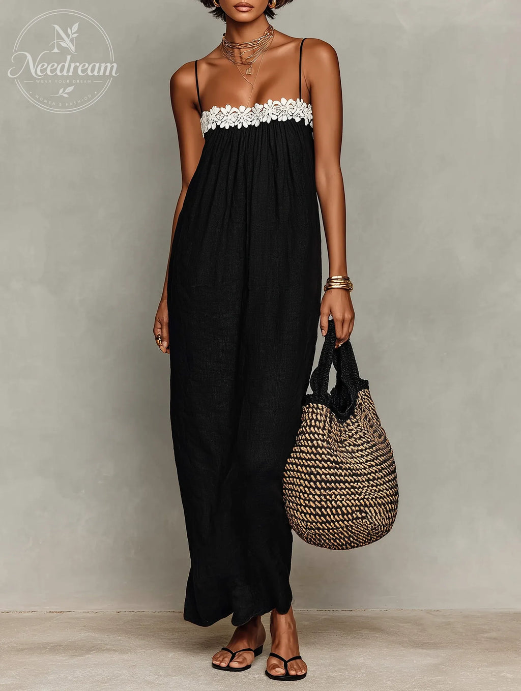 Women's Minimalist Linen-Blend Lace-Paneled Strapless With Spaghetti Straps Maxi Dress