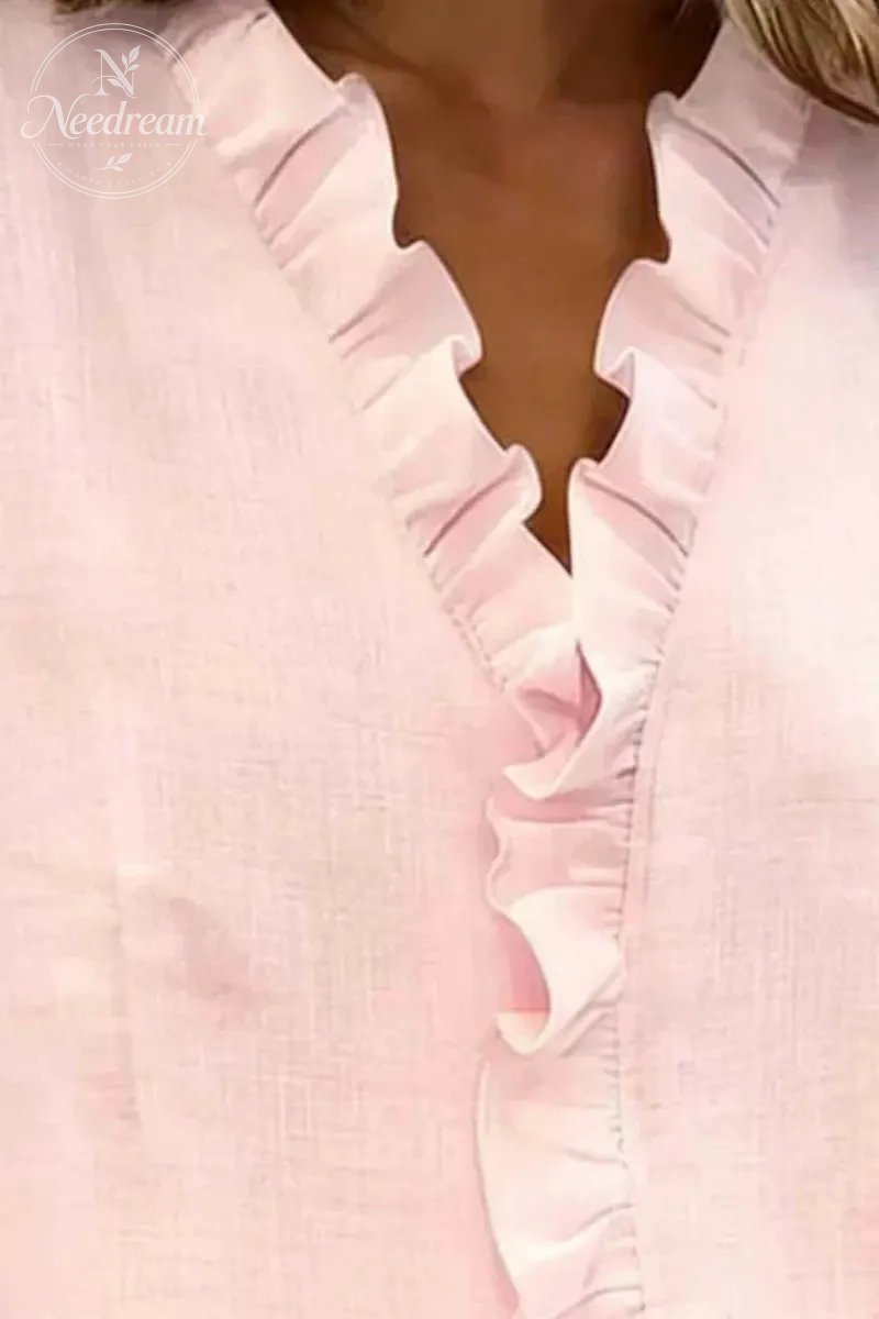 Ruffled V-Neck Long-Sleeved Cotton Shirt