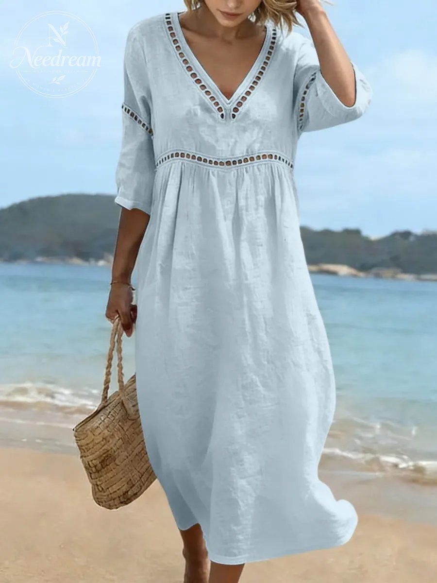Women Cotton Maxi 3/4 Sleeve V Neck Pleated Lace Dress