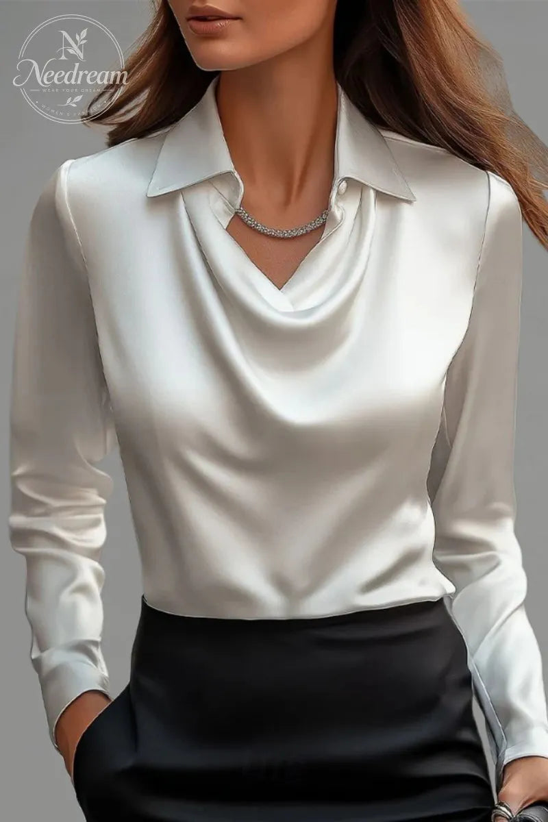 Women's Solid Turndown Collar Cowl Neck Long Sleeve Blouse