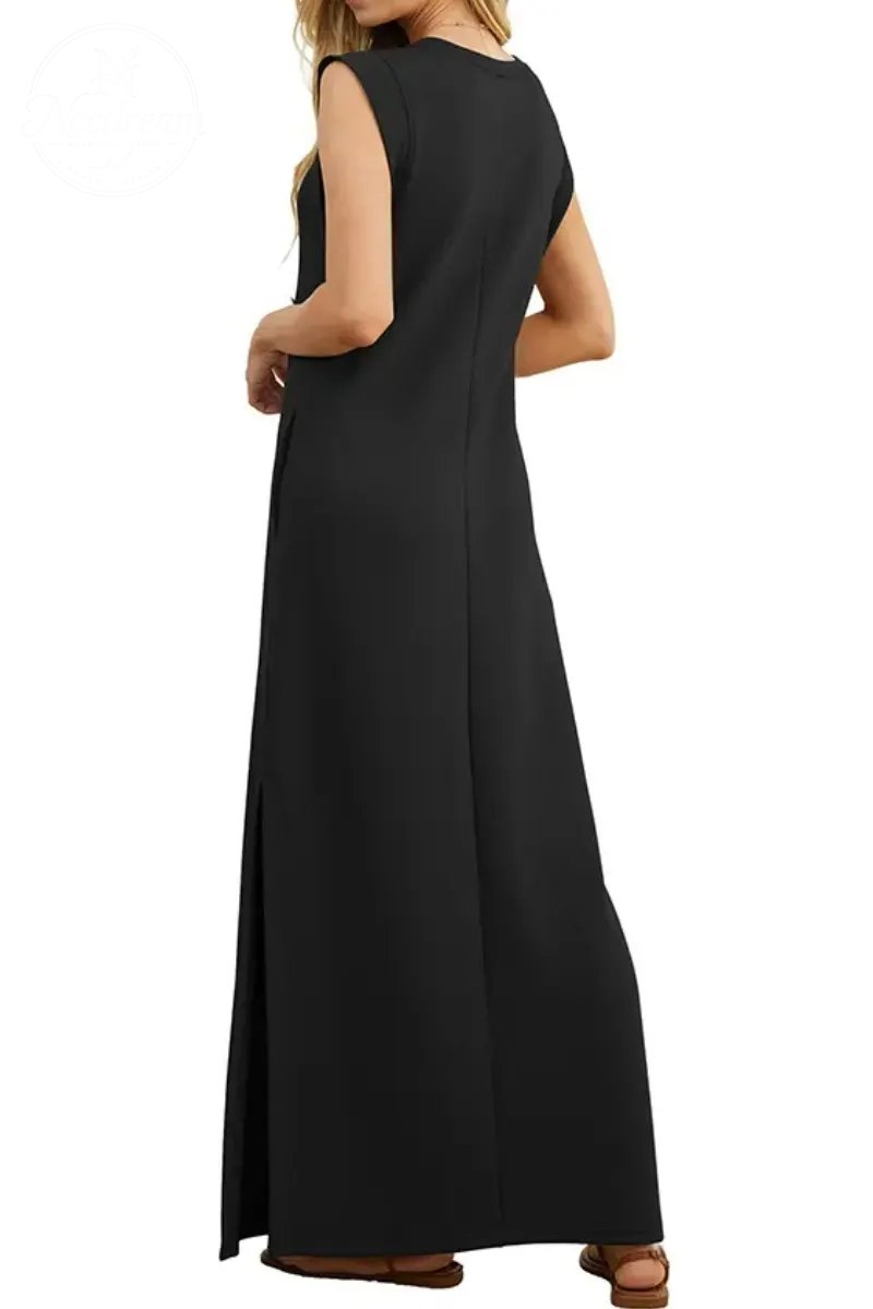 Women Summer Round Neck Casual Loose Split Wrinkle-Free Long Maxi Vacation Dress with Pockets