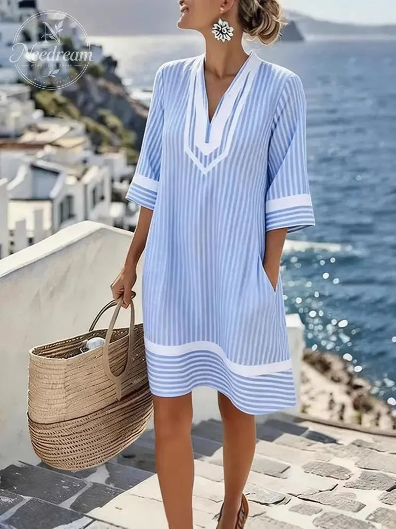 V-Neck Short Sleeve Striped Dress