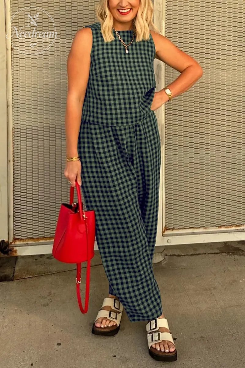 Summer New Women's 2 Piece Set Cotton Plaid Crop Top Loose Fit Pocket Nine-Tenths Pants