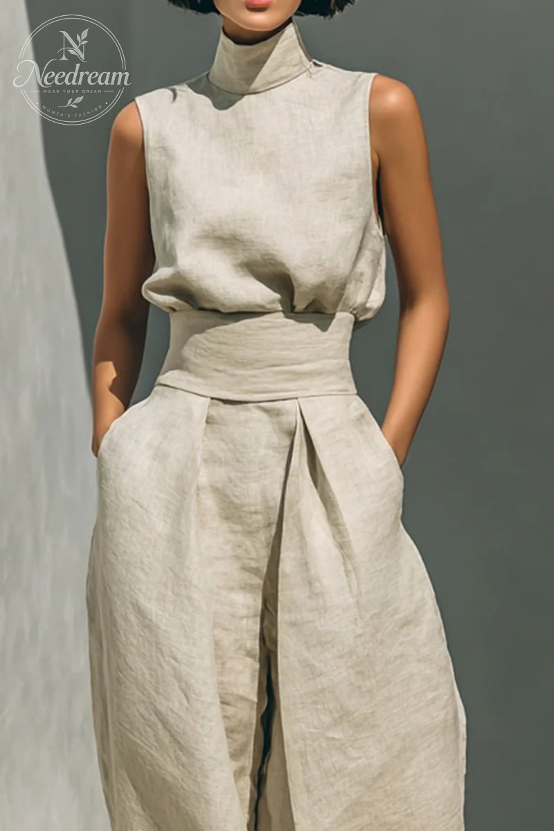 Women's Minimalist Cotton And Linen Blend Sleeveless Blouse And Wide-leg Pants Set