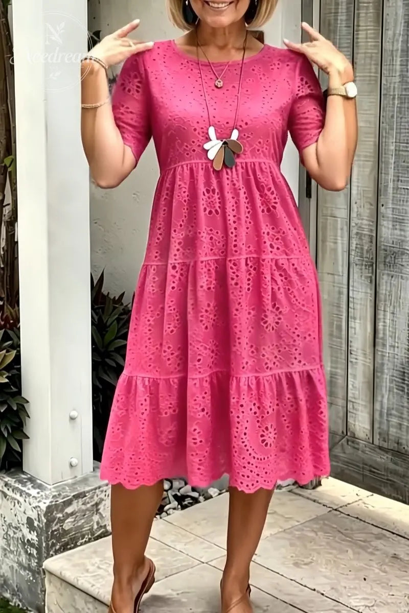 Women'S Solid Round Neck Floral Embroidered Lace Cutout Dress