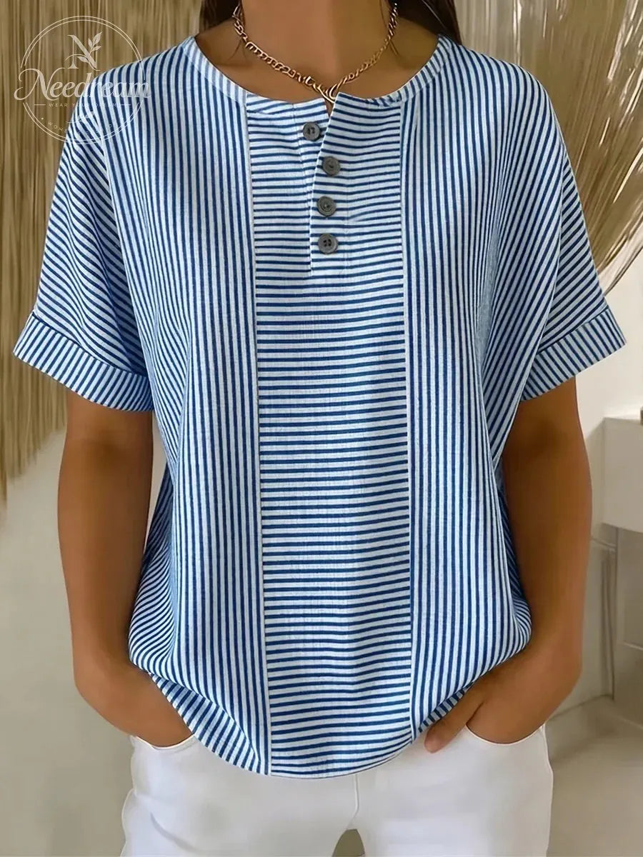 Artistic Cut Striped Cotton-linen Shirt Blouse