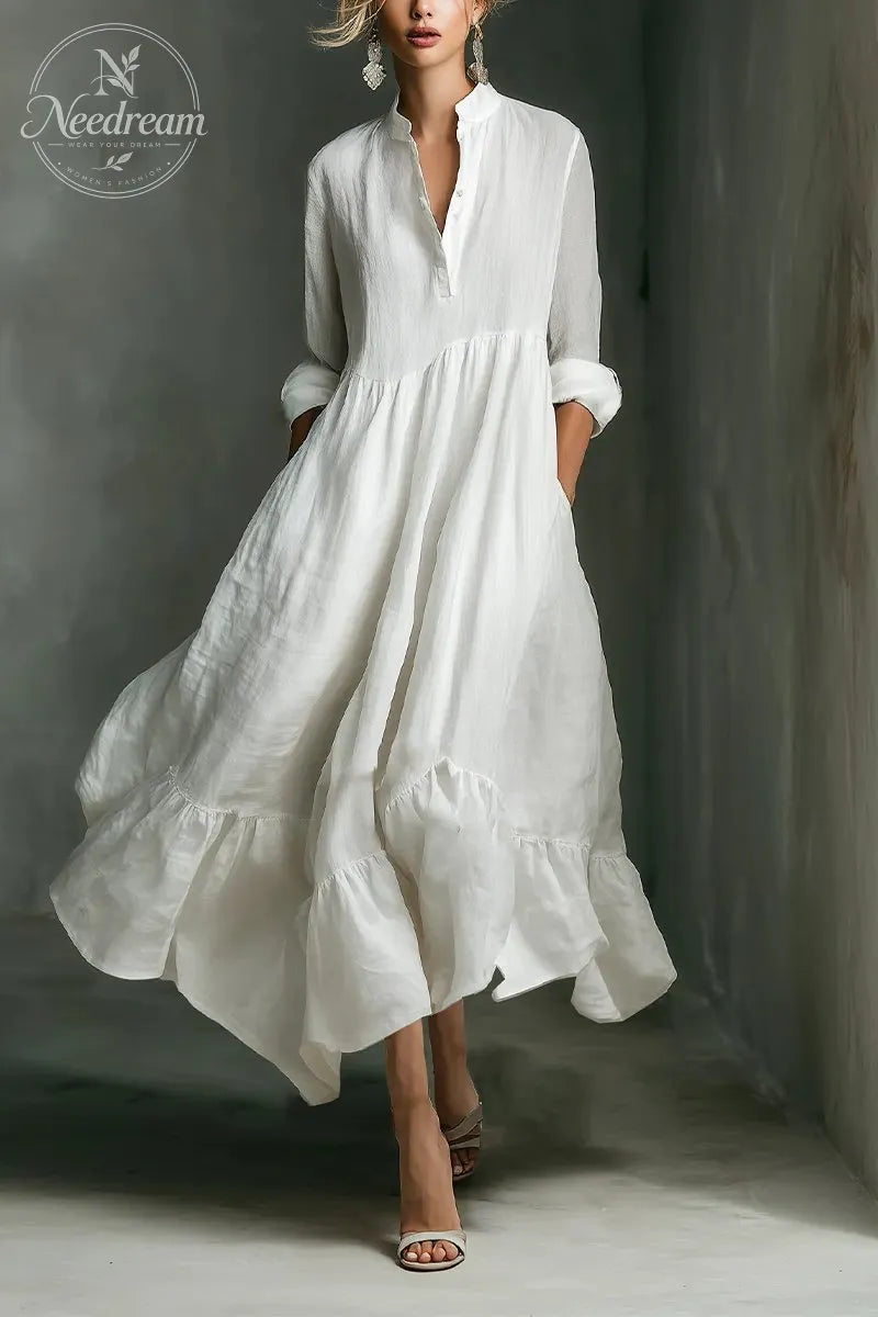 Women's White Long-sleeved Ruffled Maxi Dress
