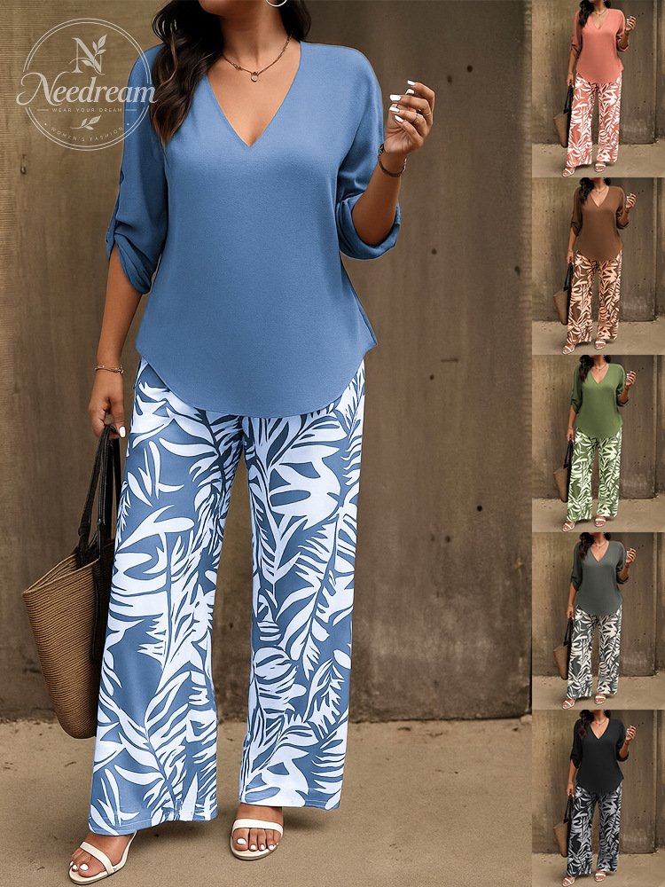 Women'S Suit: V-Neck Top And Printed Wide-Leg Pants