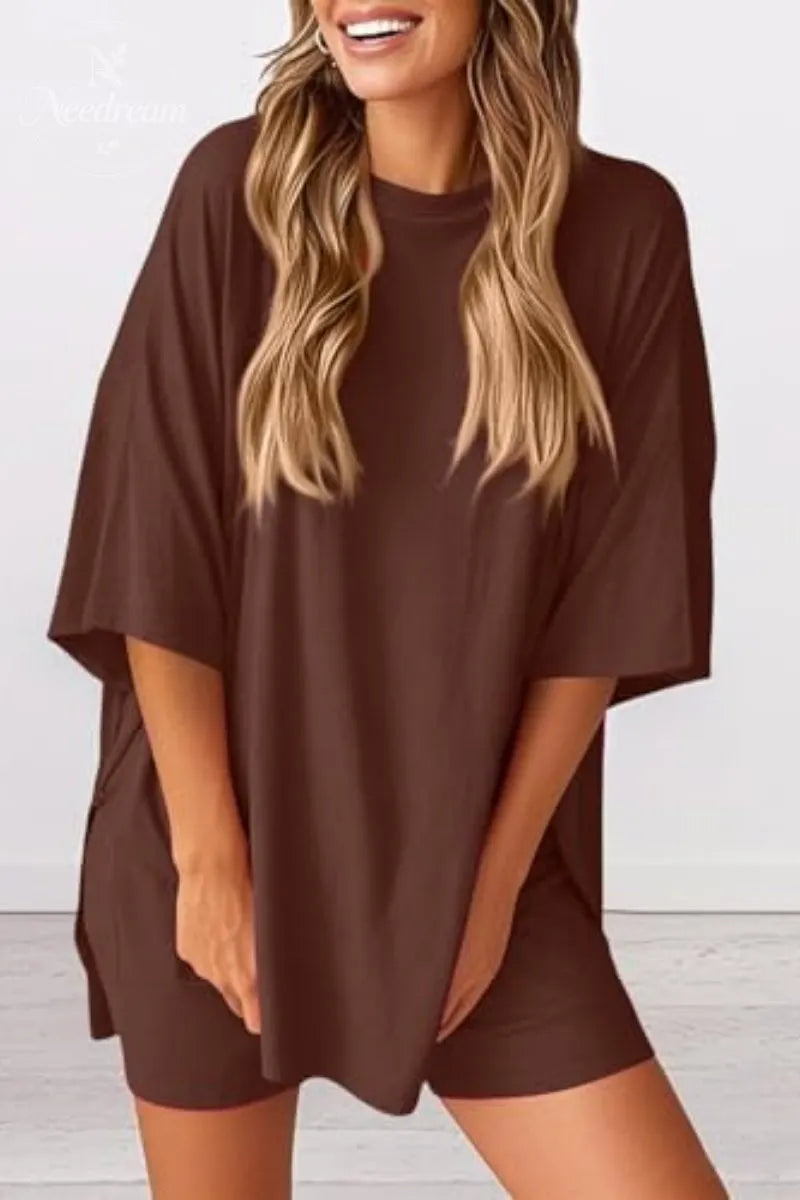 Women 2 Piece Outfits Crew Neck Oversized Tshirts and Biker Shorts with Pocket Matching Lounge Sets