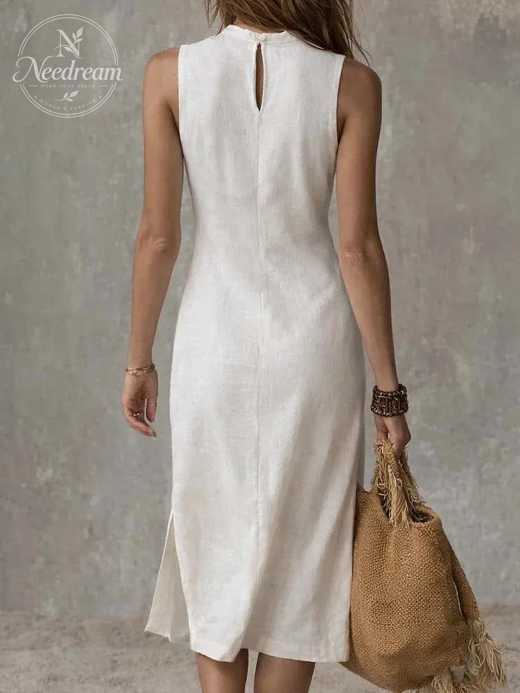 Stand-collar Split-hem Cotton And Linen Midi Dress