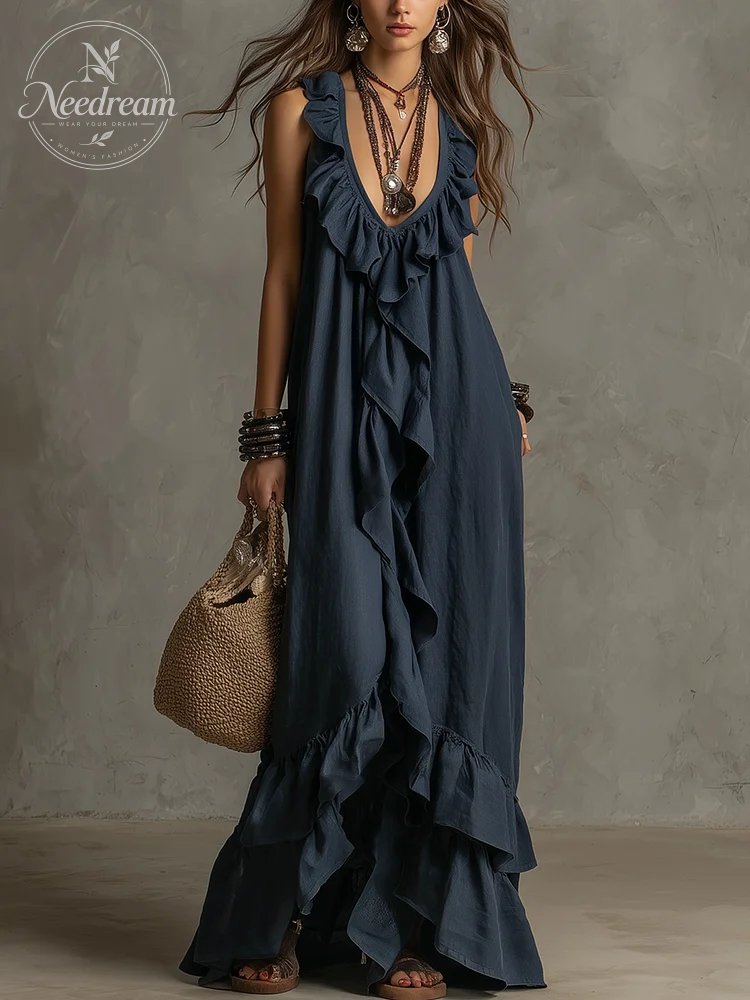 Elegant Bohemian V Neck Ruffle Maxi Dress