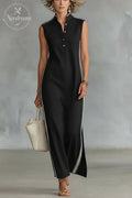 Women's Minimalist Athletic-Style Sleeveless Henley Maxi Dress