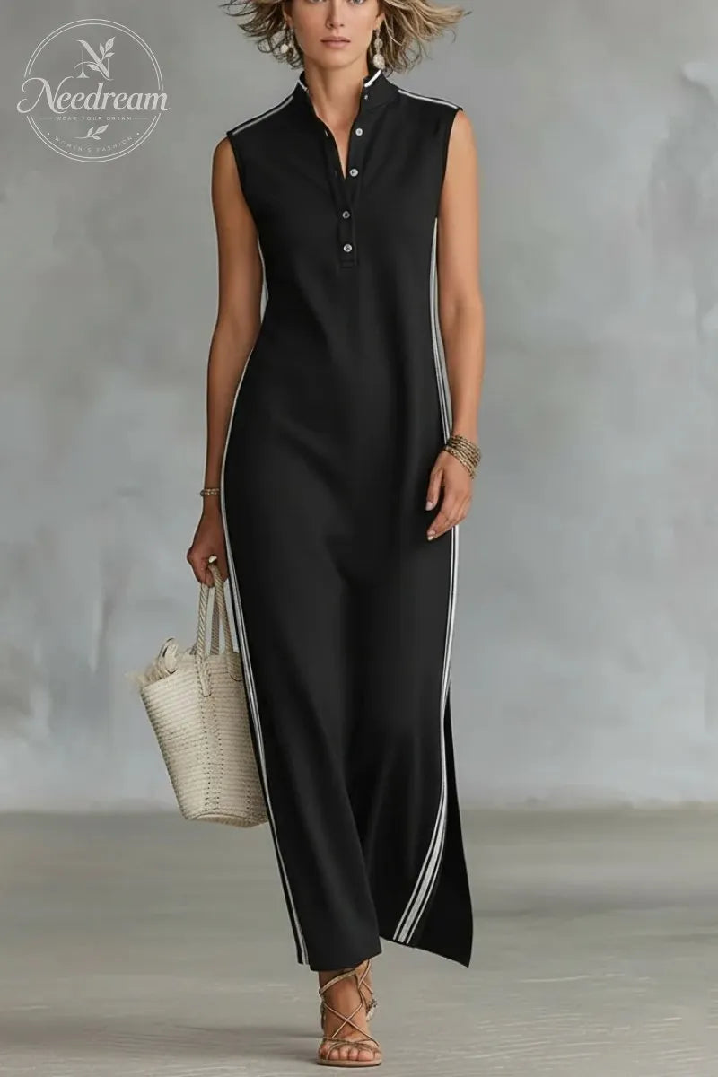 Women's Minimalist Athletic-Style Sleeveless Henley Maxi Dress