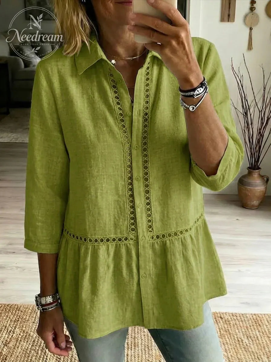 Women’s Casual Patchwork Openwork Webbing Linen And Cotton Shirt