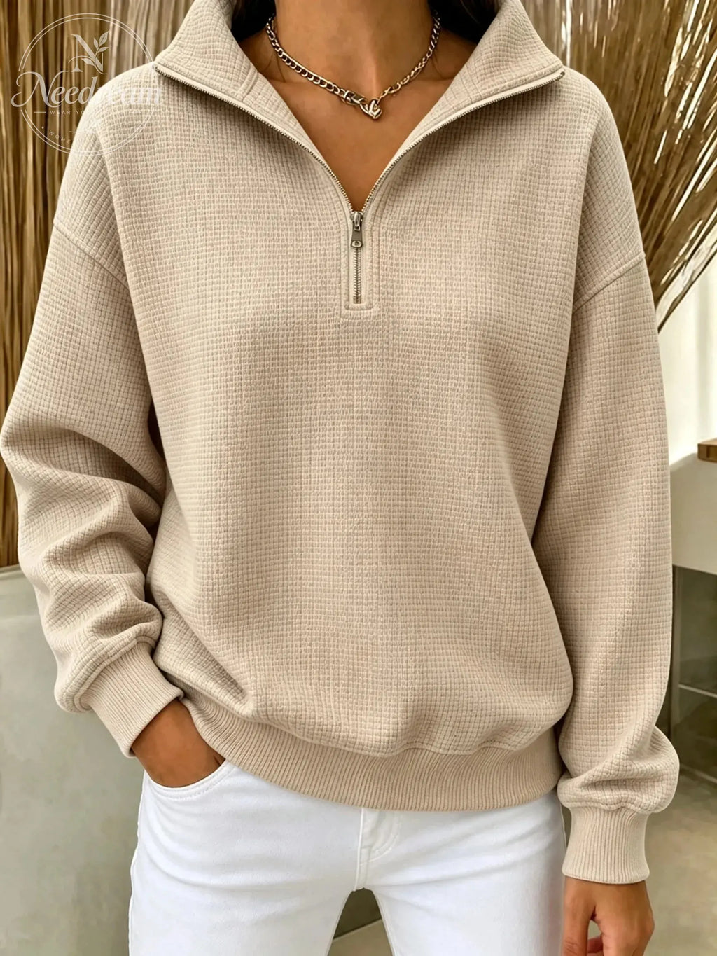 Women's Waffle Knit Quarter-Zip Sweatshirt