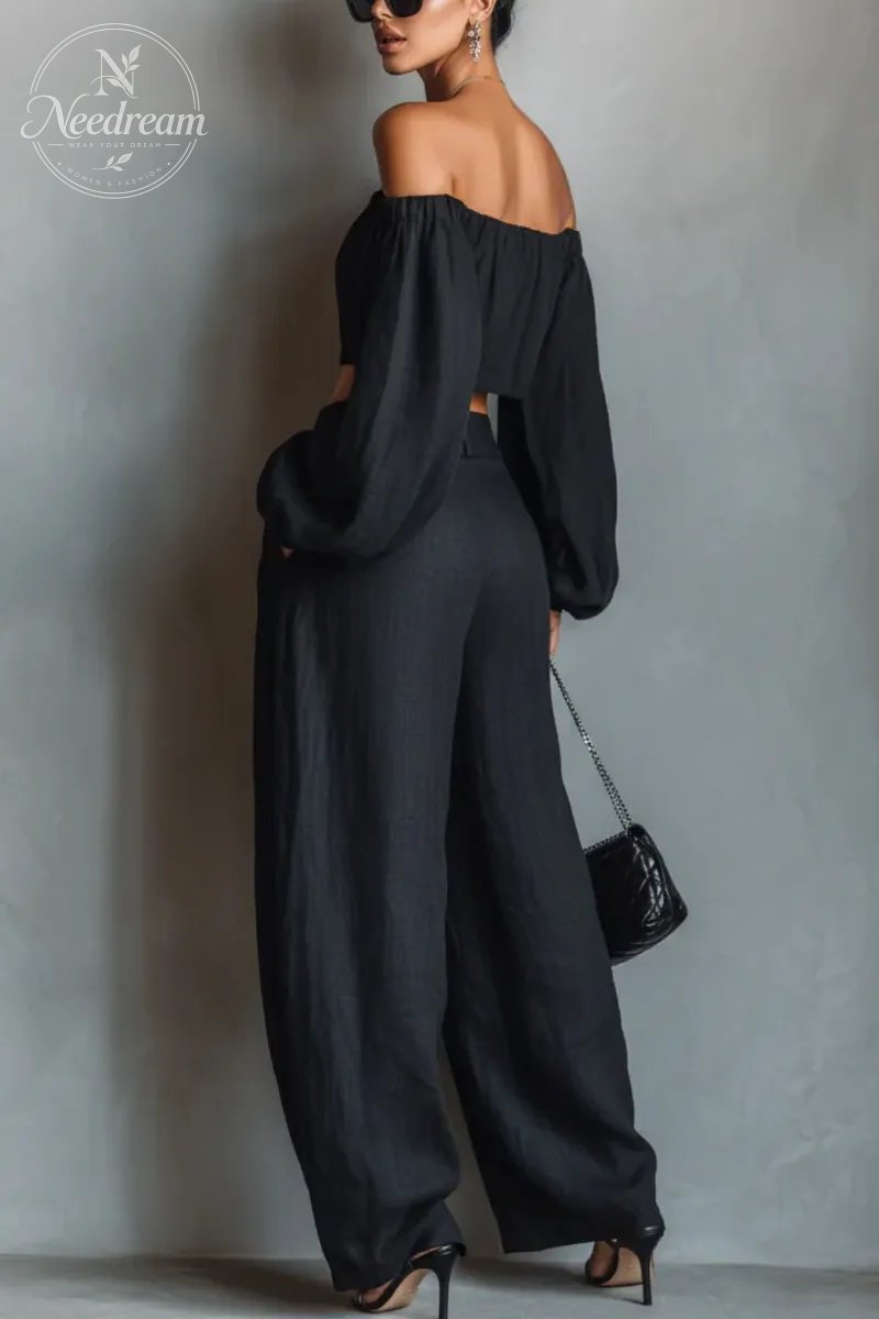 Women's Minimalist Linen Blend Strapless Long-sleeved Blouse And Wide-leg Pants Set