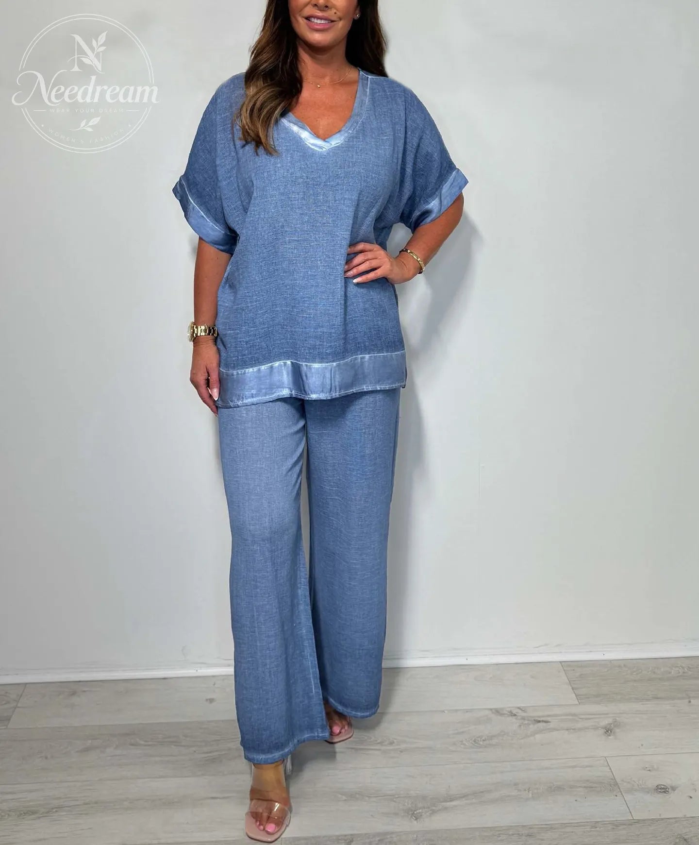 Women's Fashion Casual Surface Trim V-Neck Pants Suit Two-Piece Set