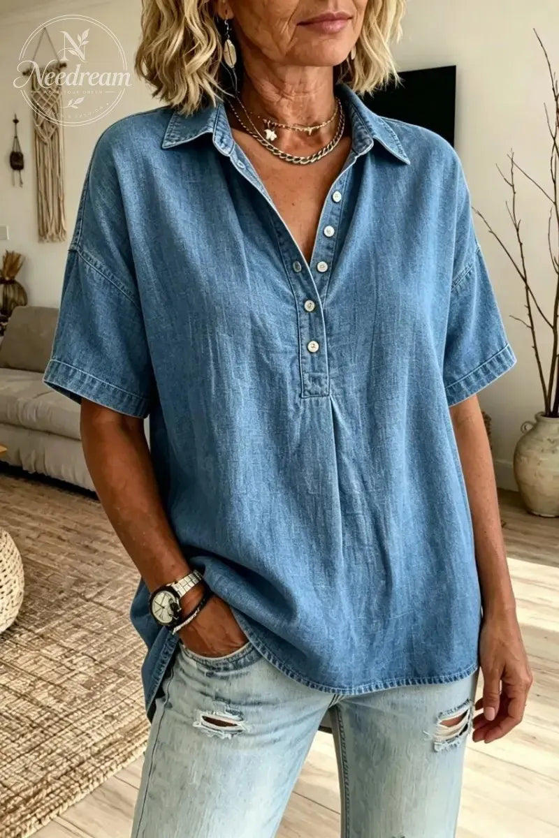 Women'S Short-Sleeved Henley Collar Shirt