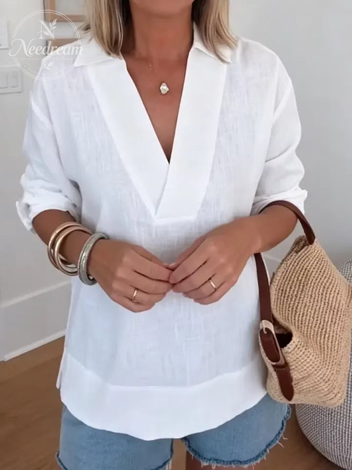 Minimalist V-Neck Cotton Linen Blouse | Cozy Summer Top