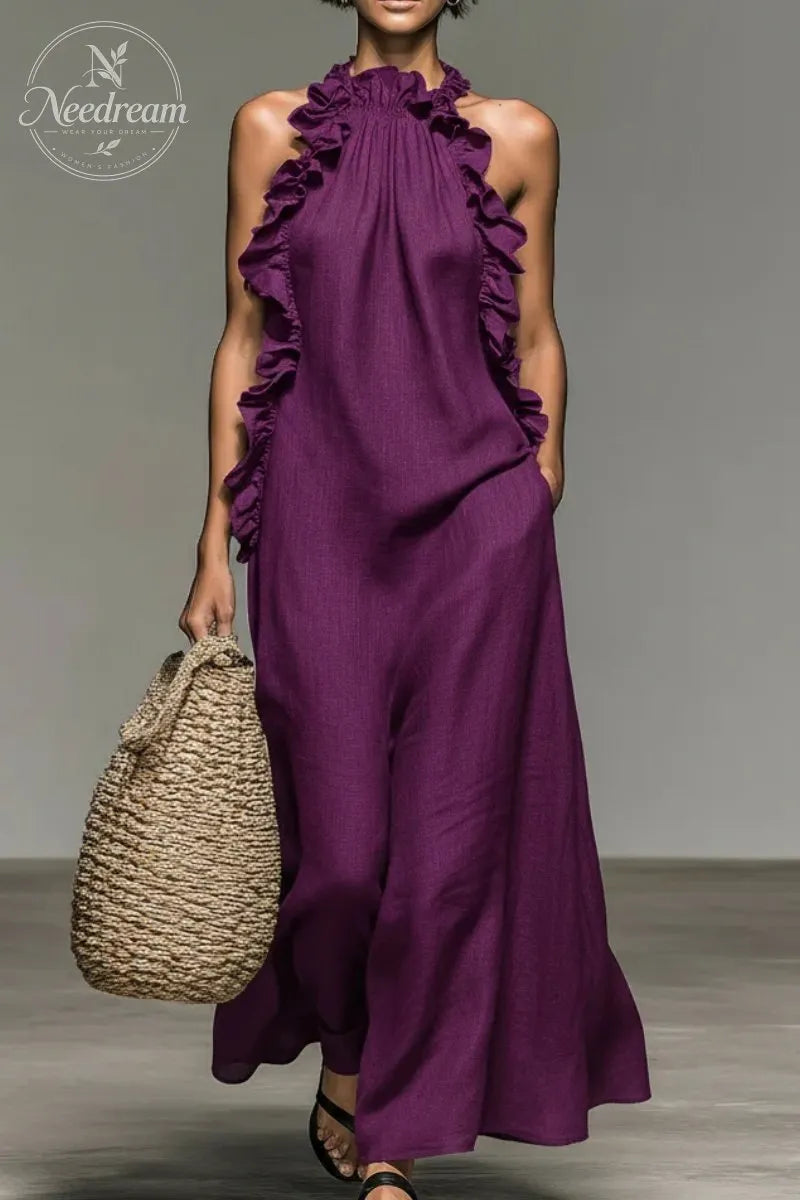 Women's Minimalist Linen-blend Sleeveless Maxi Dress With Ruffle Details