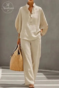 🔥 49% OFF🔥Women's Batwing Sleeve Linen Cotton Two-Piece Set – Casual Shirt & Wide Leg Pants Outfit