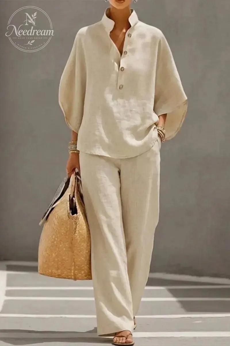 🔥 49% OFF🔥Women's Batwing Sleeve Linen Cotton Two-Piece Set – Casual Shirt & Wide Leg Pants Outfit